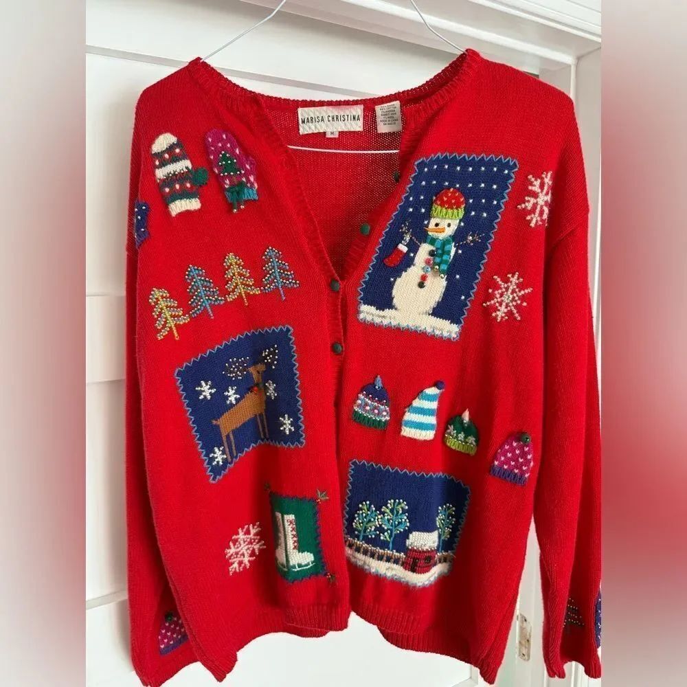 Vintage Marisa Christina Festive Snowman Red Cardigan fits L-XL